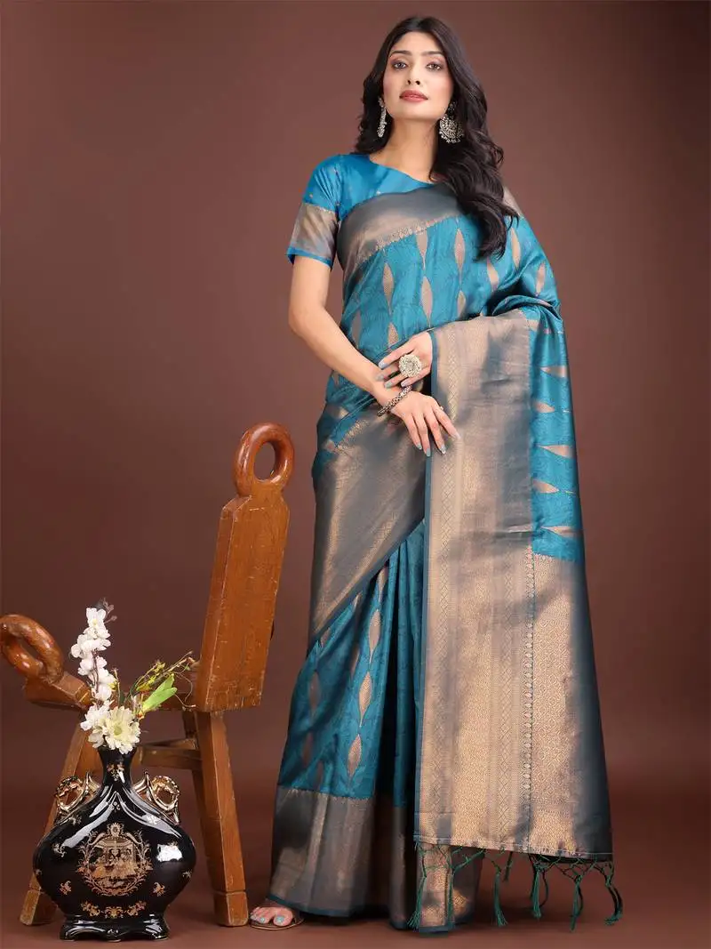 Sea green banarasi silk blend woven zari work tassel saree