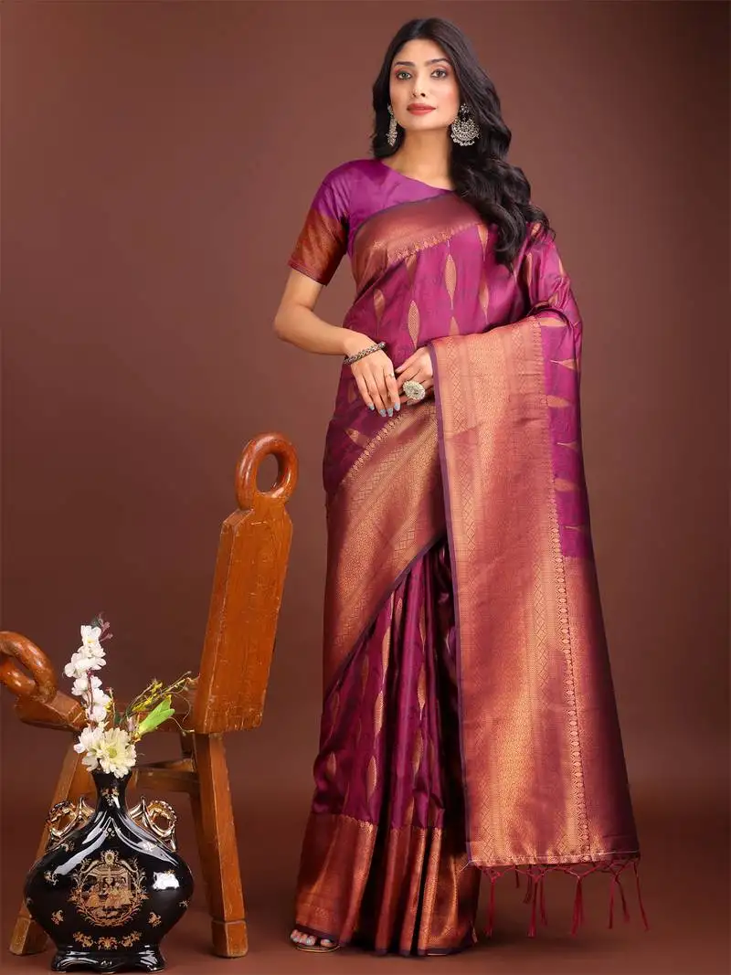 Purple banarasi silk blend woven zari work tassel saree