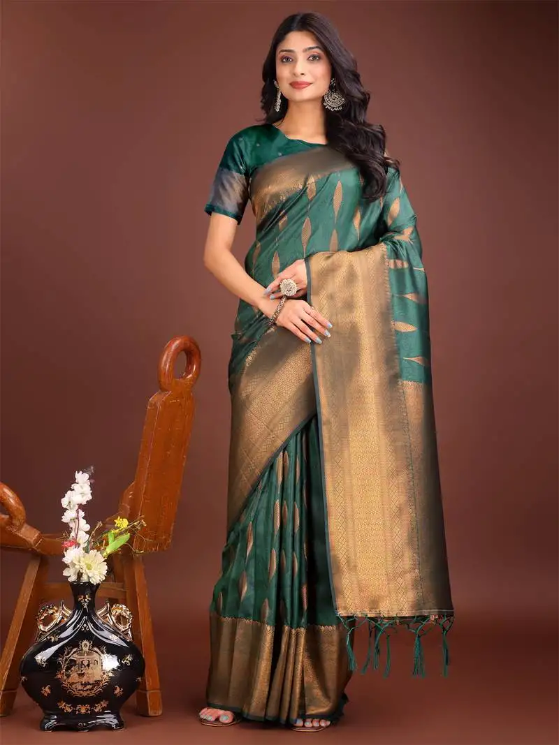 Green banarasi silk blend woven zari work tassel saree