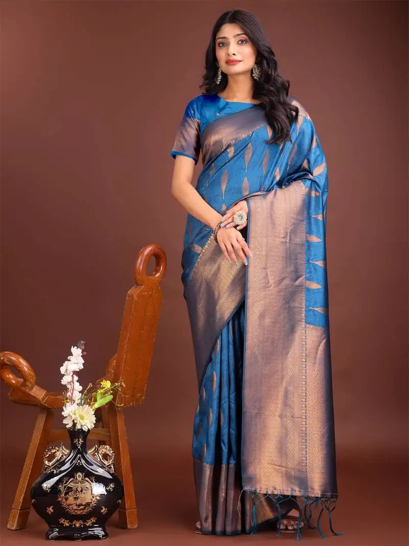 Sky blue banarasi silk blend woven zari work tassel saree