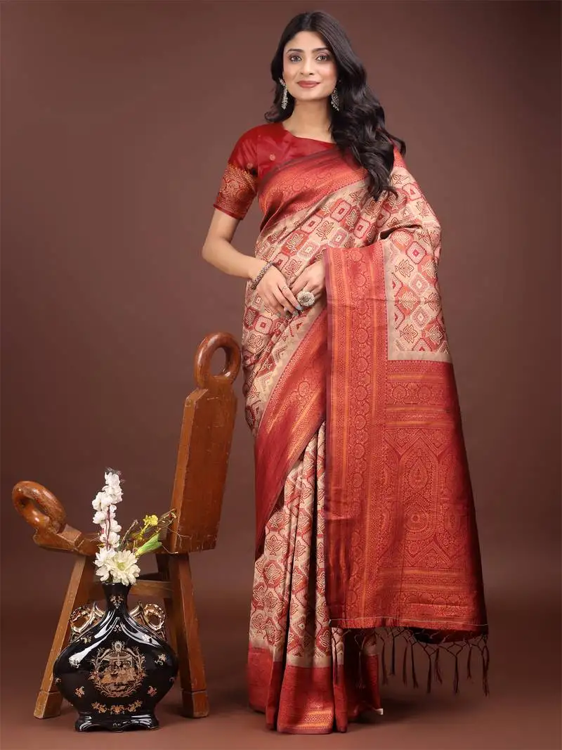 Cream cotton woven zari work tassel saree