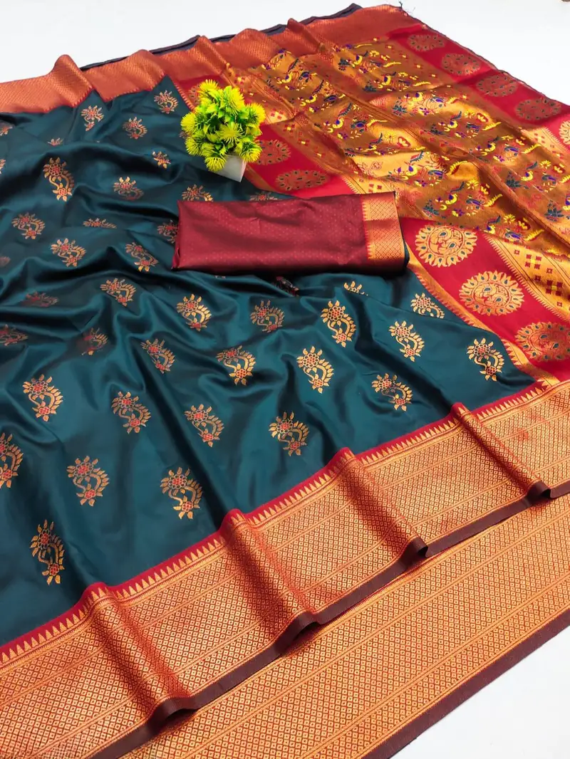 Firozi woven silk blend banarasi paithani saree with blouse