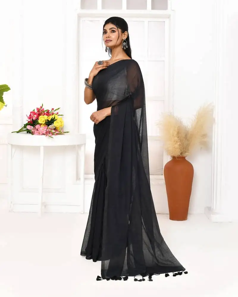 Black mulmul cotton saree with tassels