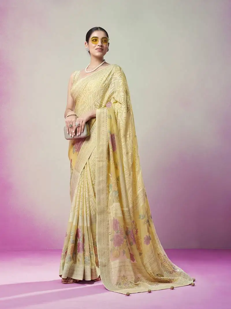 Yellow poly viscose georgette geometric designer saree