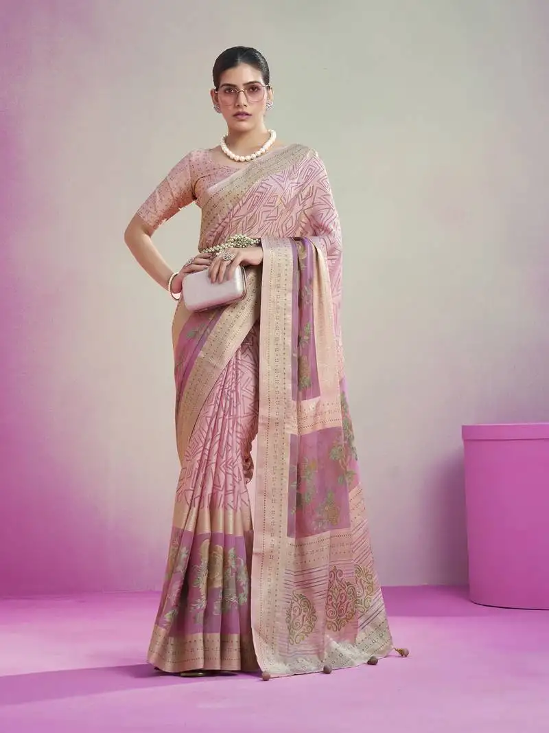 Baby pink poly viscose georgette geometric designer saree