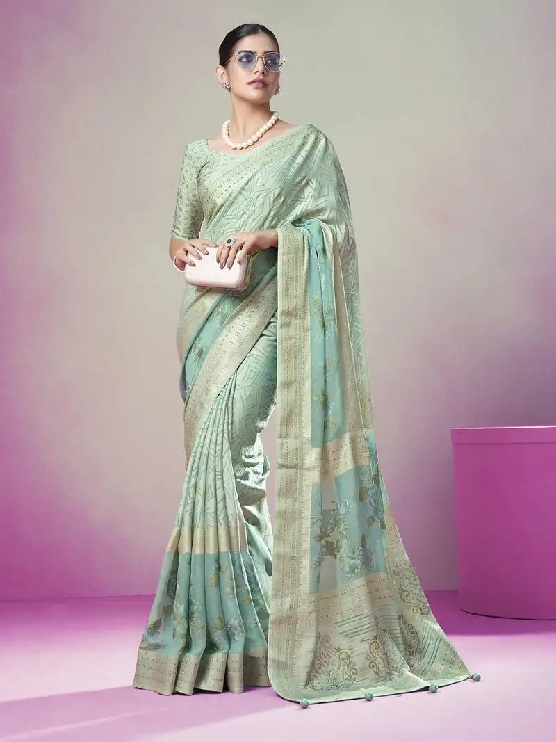 Sea green poly viscose georgette geometric designer saree