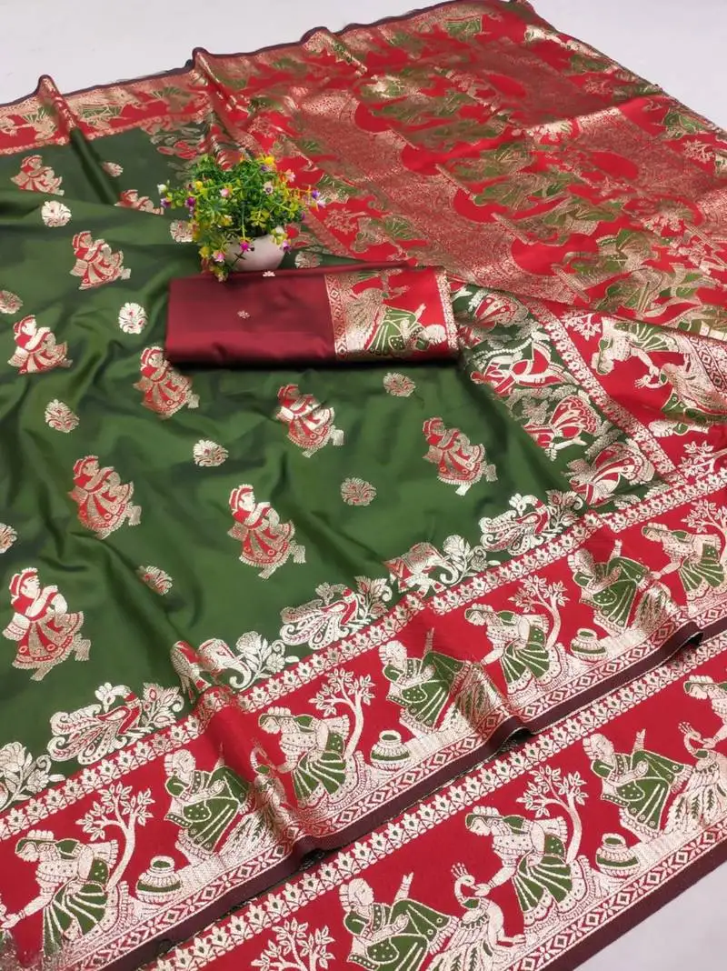 Olive woven art silk baluchari banarasi saree with blouse