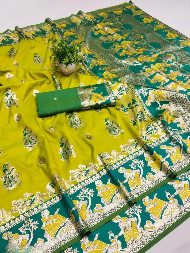 Lime woven art silk baluchari banarasi saree with blouse