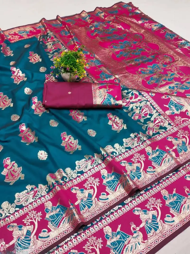 Firozi woven art silk baluchari banarasi saree with blouse