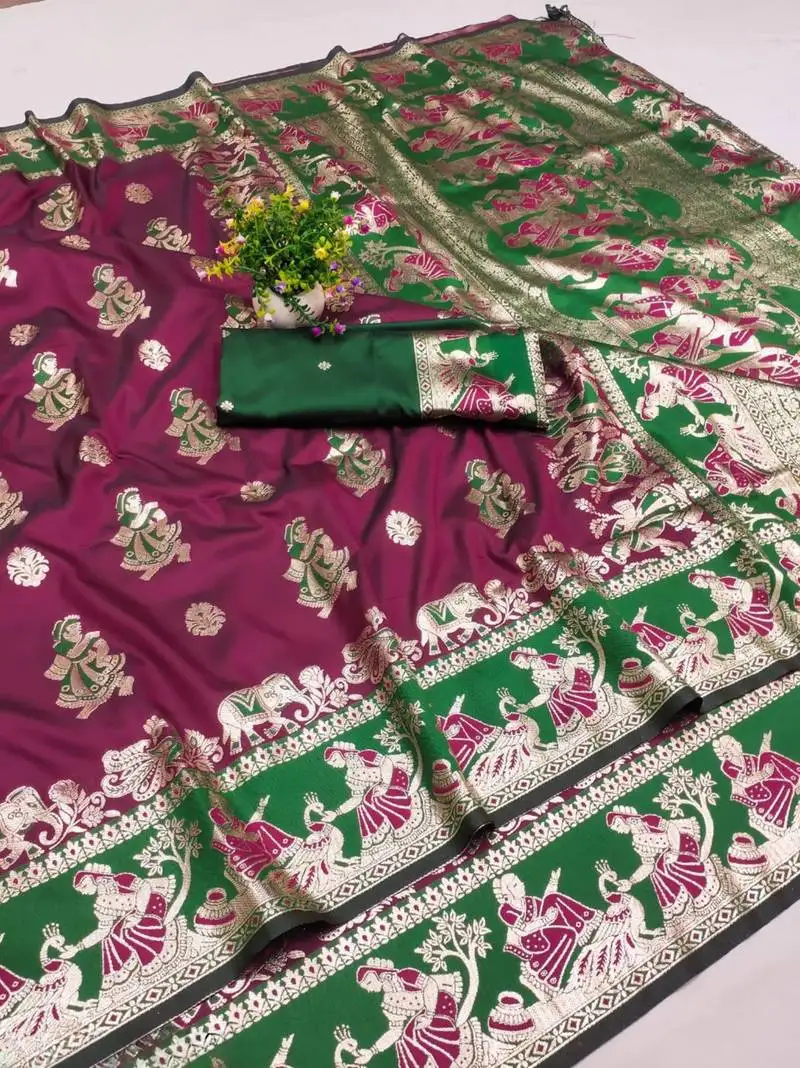 Maroon woven art silk baluchari banarasi saree with blouse