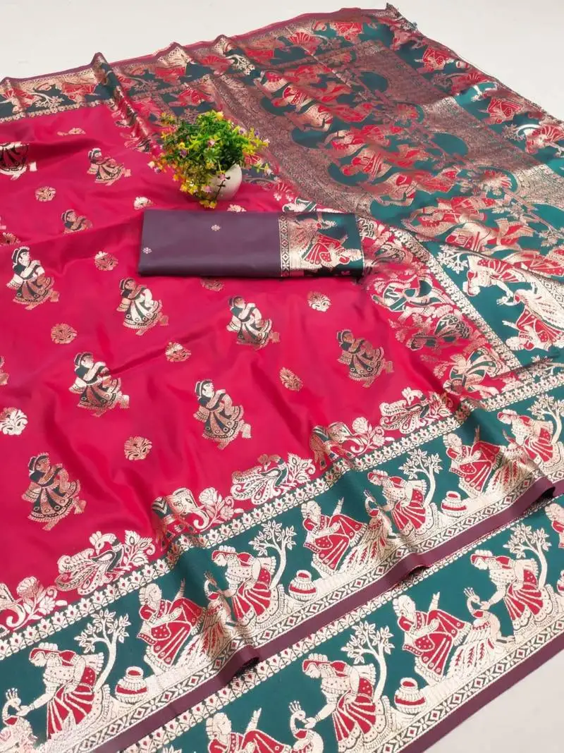 Pink woven art silk baluchari banarasi saree with blouse
