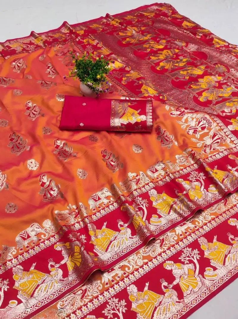 Orange woven art silk baluchari banarasi saree with blouse