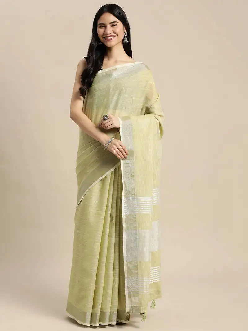 Rama green linen cotton woven zari work tassel saree
