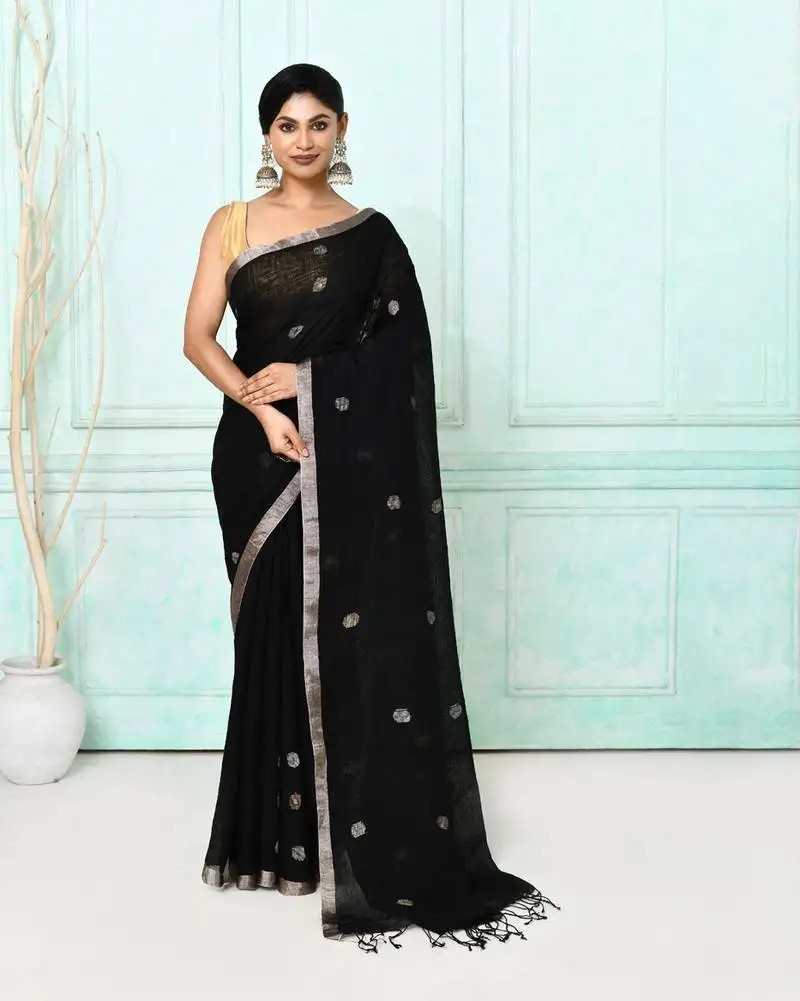 Black handloom linen jamdani saree with blouse