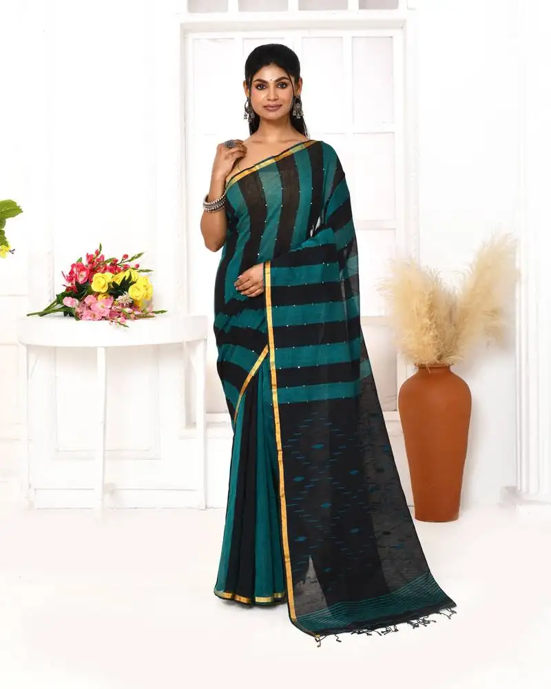 Black blue cotton handloom jamdani saree with blouse