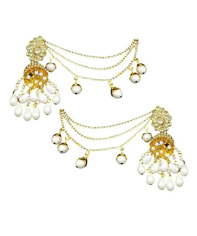 Traditional kundan long earrings with pearl drops, gold-plated, pearl chain ear support indian jhumka earrings