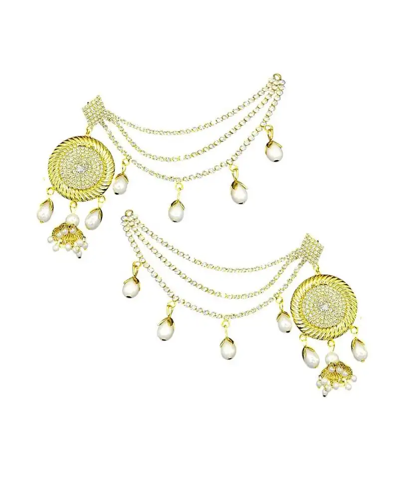 Unique design jhumka earrings with chain hair extensions gold tone & pearl accents ethnic jewelry for women