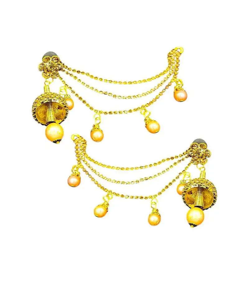 Trendy gold tone jhumka earrings with hair chain pearl drops jhumki indian style lightweight jewelry for women