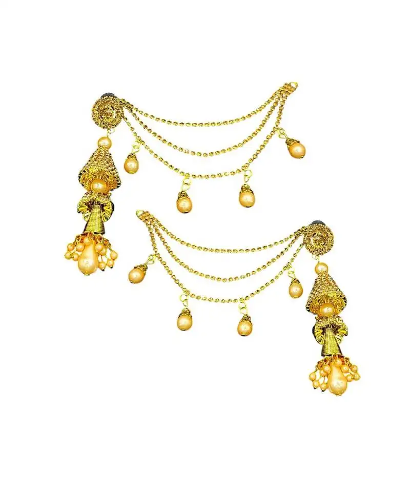 Antique gold finish layered long jhumka earrings with hair extension chains pearl drops ethnic jewelry for women