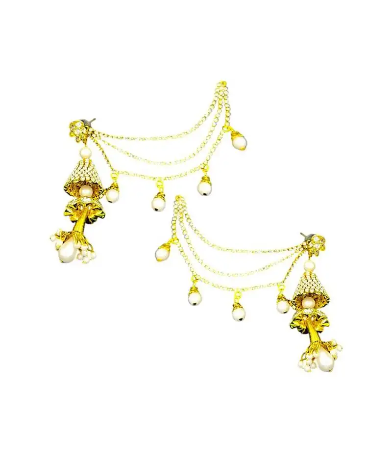 Latest stylish chain connected earrings with pearl drops gold plated long jhumki indian jewelry for women