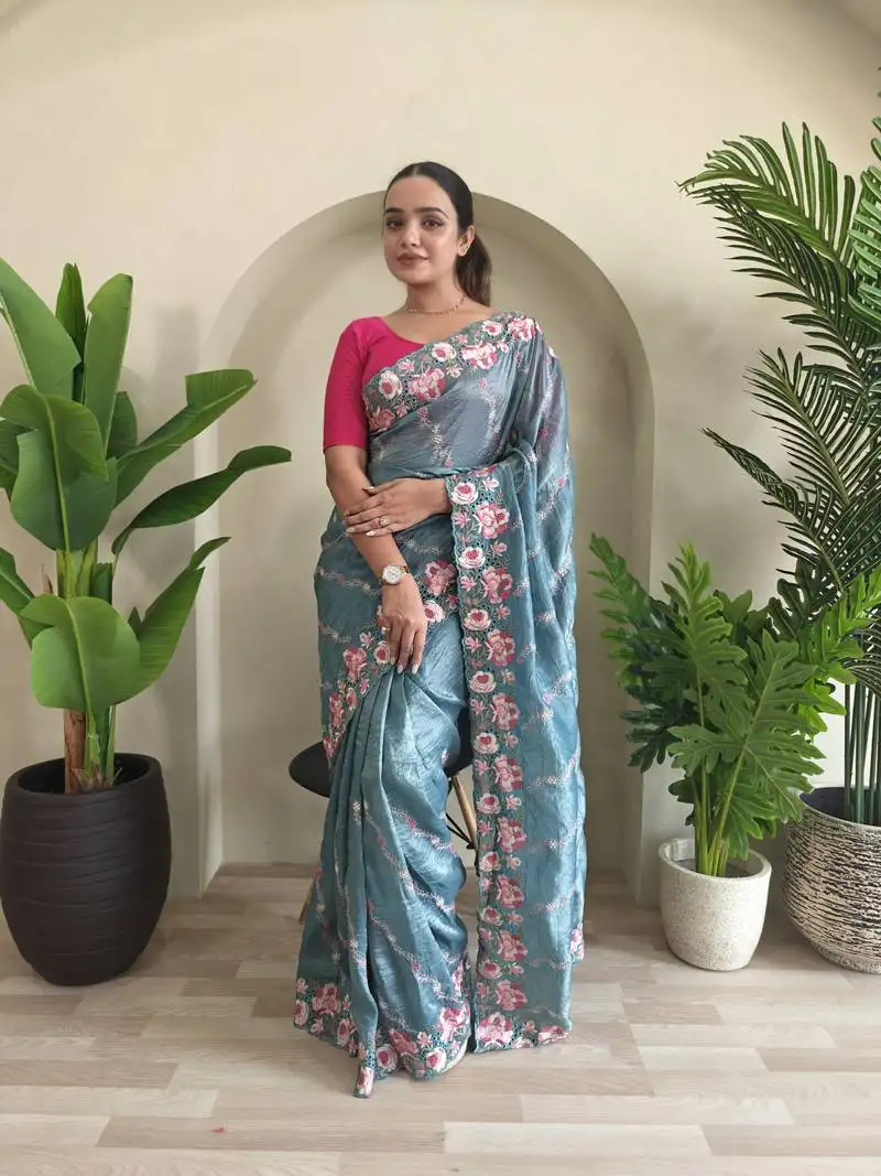 Sky blue gold crush saree with leheriya embroidery & running blouse