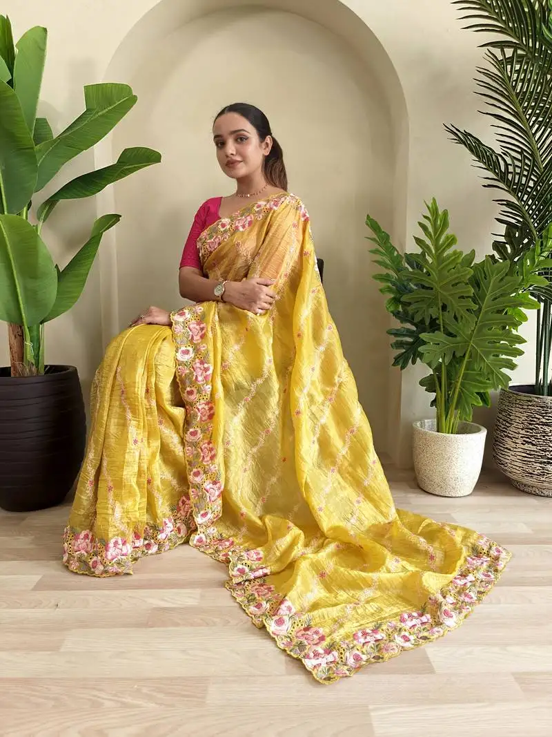 Yellow gold crush saree with leheriya embroidery & running blouse