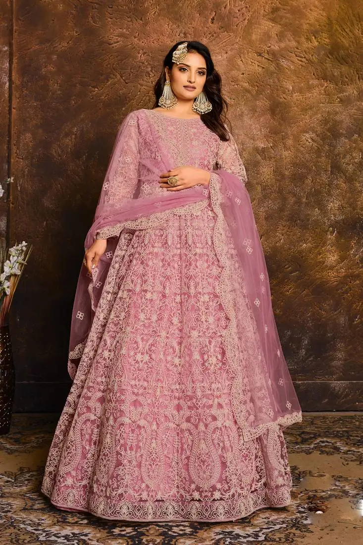 Pink zari embroidery and diamond net anarkali churidar- free size stitched(size upto 42")