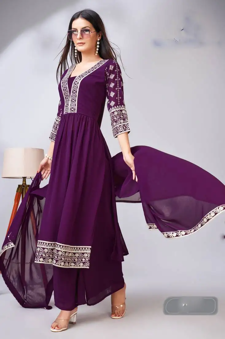 Purple embroidery and sequins georgette straight palazzo- free size stitched(size upto 42")