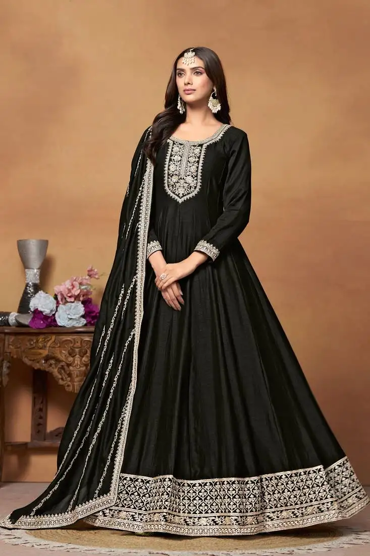Black embroidery and sequins art silk anarkali churidar - free size stitched(size upto 42")