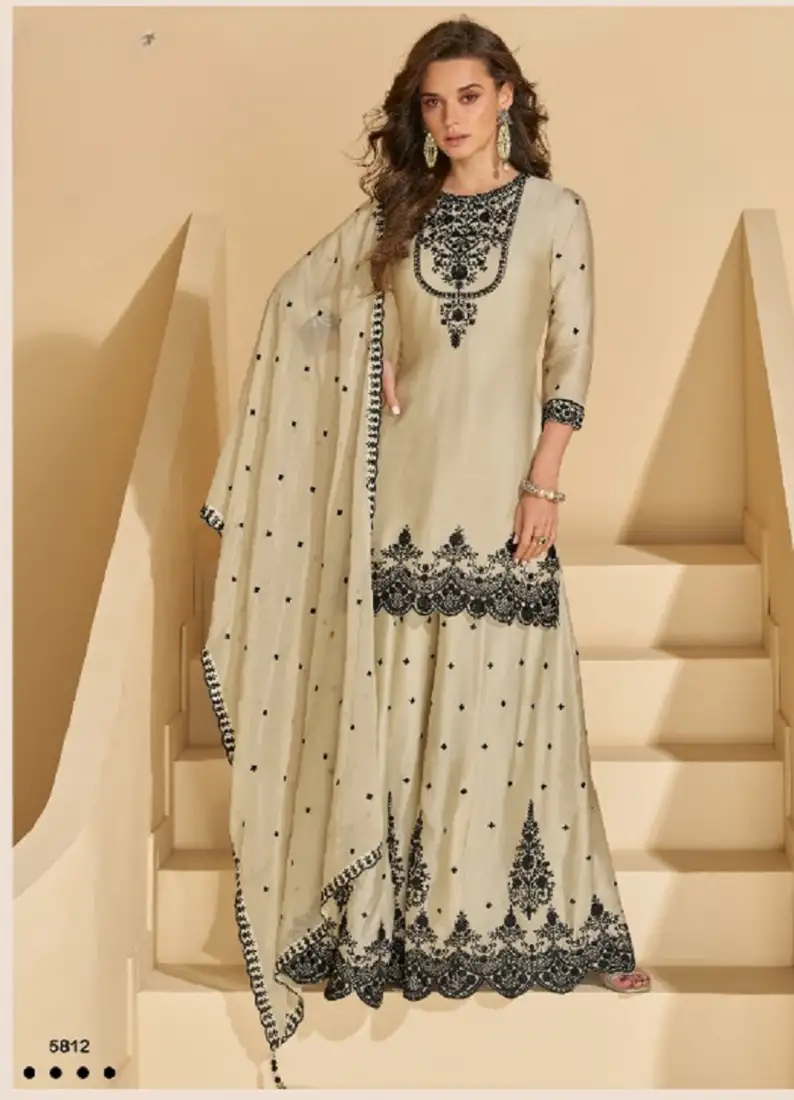 Off white chinon embroidered sequins thread work palazzo set stitched