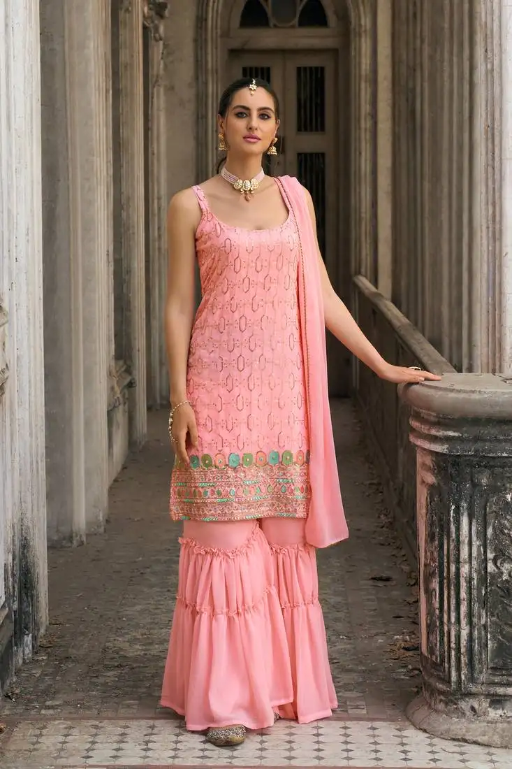 Pink embroidery and sequins georgette straight sharara - free size stitched(size upto 42")