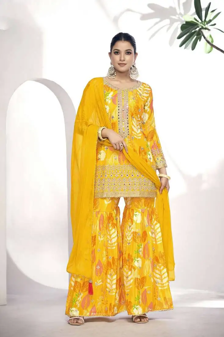 Mustard mirror embroidery and digital print chinon silk straight sharara - free size stitched(size upto 42")