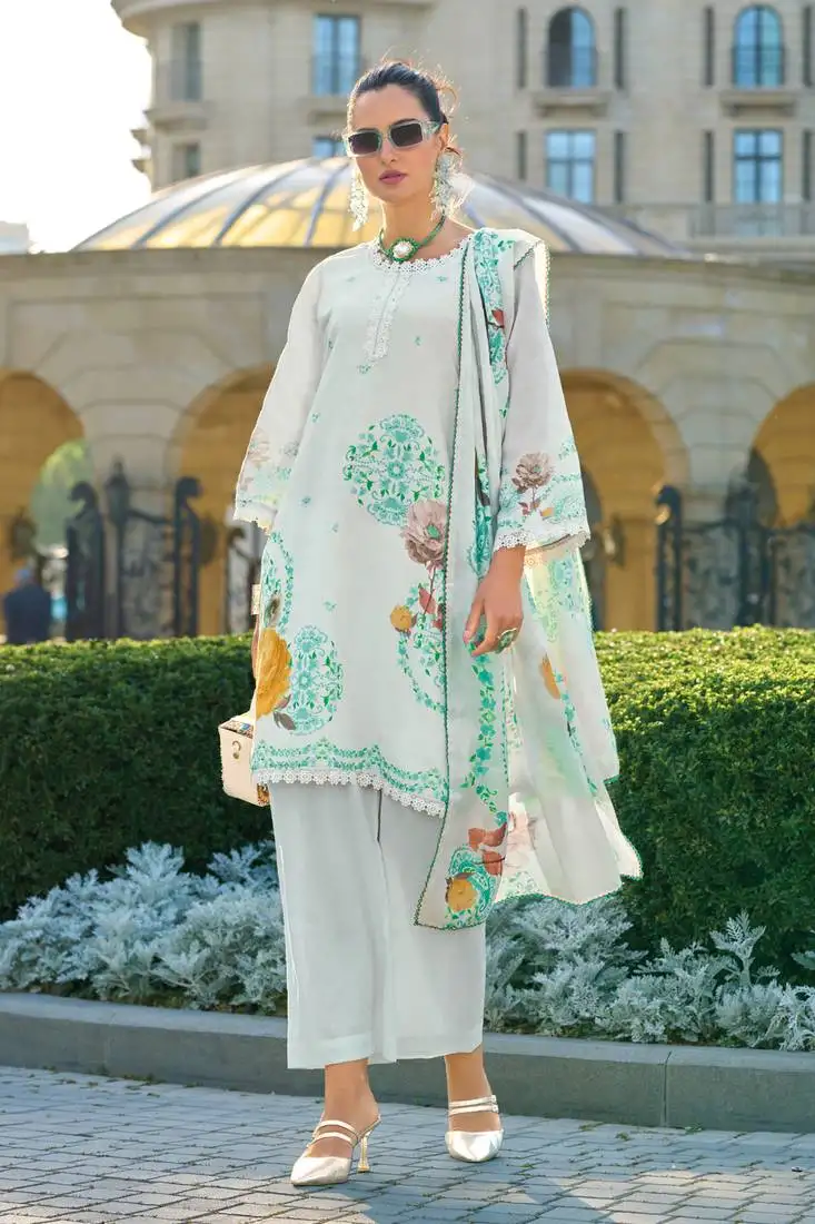 White embroidery and digital print cotton straight pant - free size stitched(size upto 42")