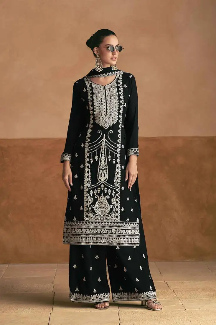Black embroidery and sequins chinon silk straight palazzo - free size stitched(size upto 42")
