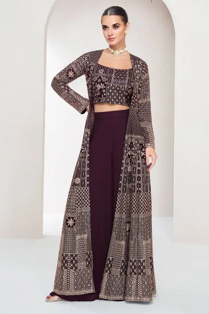 Purple embroidery and sequins georgette blouse, palazzo and jacket - free size stitched(size upto 42")