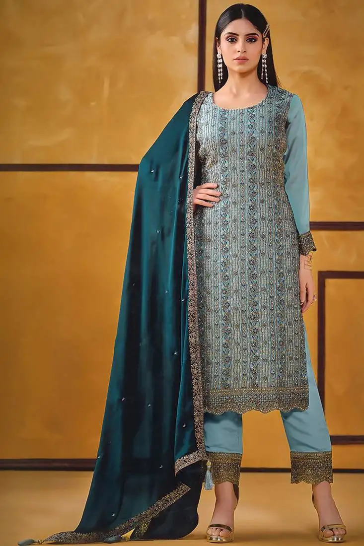 Teal blue zari embroidery and diamond silk straight pant - free size stitched(size upto 42")
