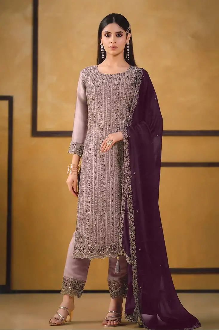 Purple zari embroidery and diamond silk straight pant - free size stitched(size upto 42")
