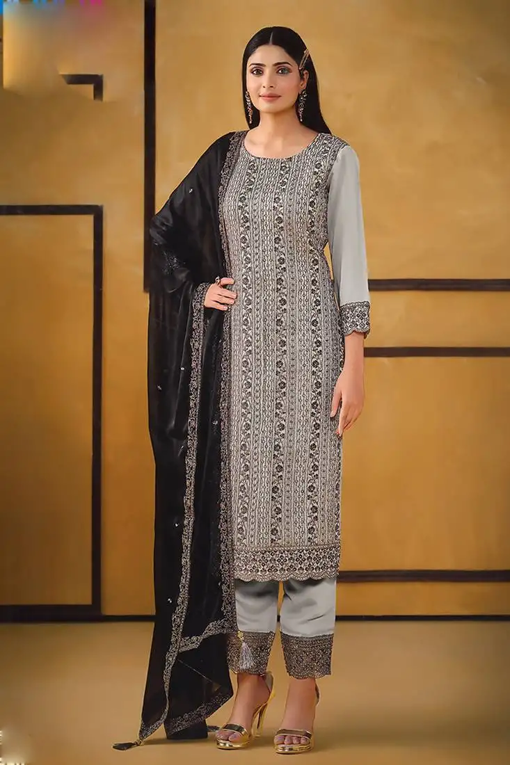 Grey zari embroidery and diamond silk straight pant - free size stitched(size upto 42")