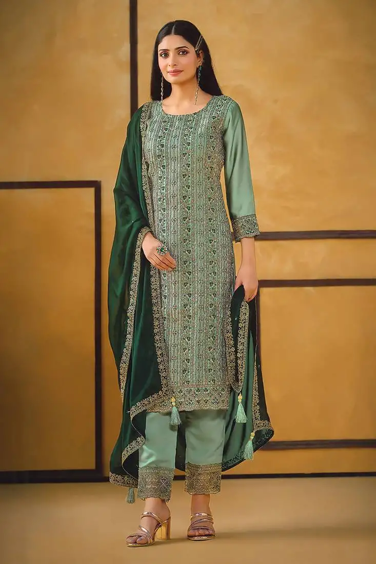Green zari embroidery and diamond silk straight pant - free size stitched(size upto 42")