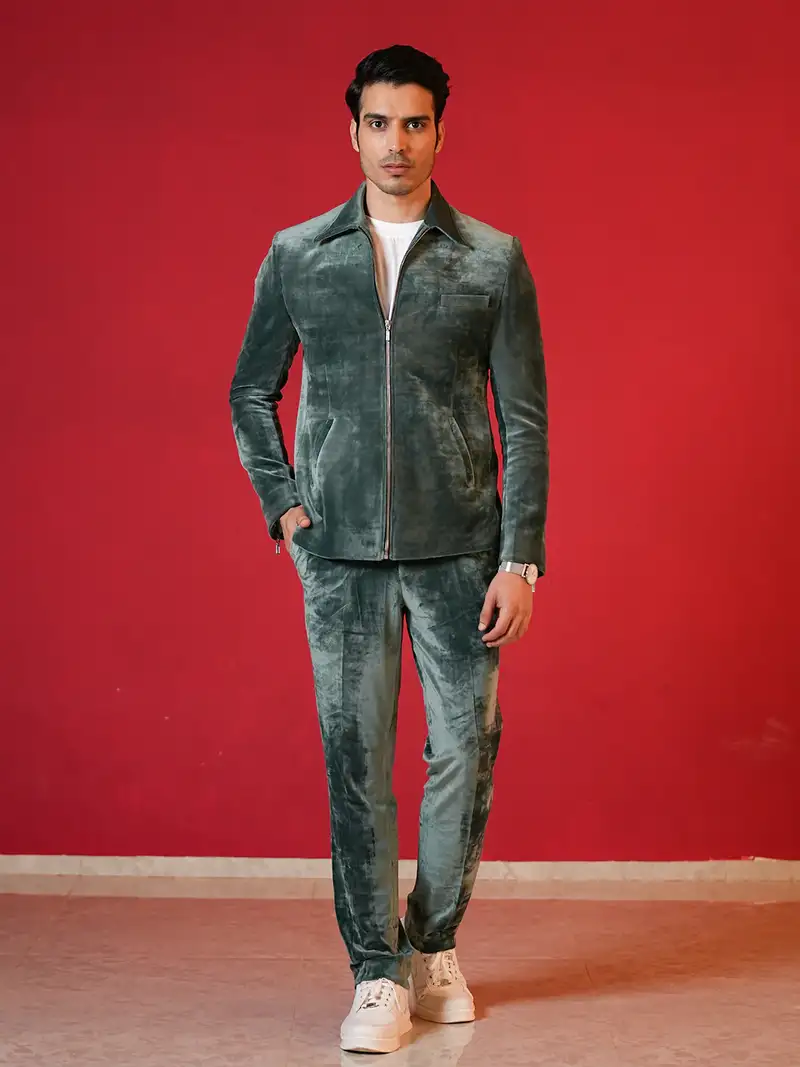 Green corduroy bomber jacket with trouser co-ord set