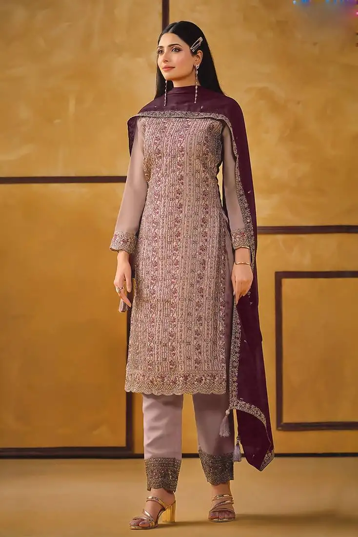 Mauve zari embroidery and diamond silk straight pant - free size stitched(size upto 42")