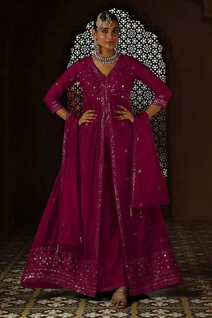 Pink embroidery and sequins chinon anarkali palazzo - free size stitched(size upto 42")