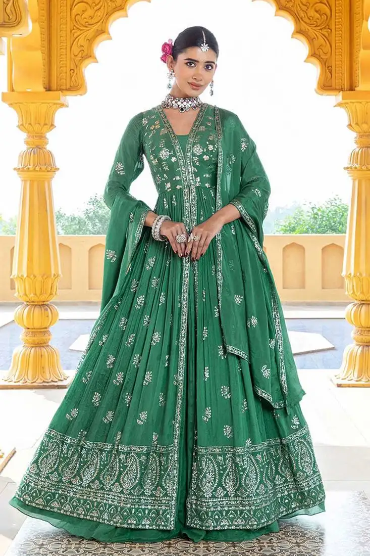 Green embroidery and sequins chinon anarkali lehenga - free size stitched(size upto 42")