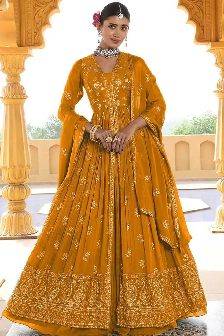 Mustard embroidery and sequins chinon anarkali lehenga - free size stitched(size upto 42")
