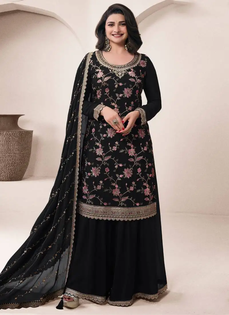Black chinon silk embroidered sharara suit semi stitched