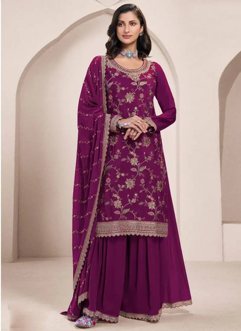 Violet chinon silk embroidered sharara suit semi stitched