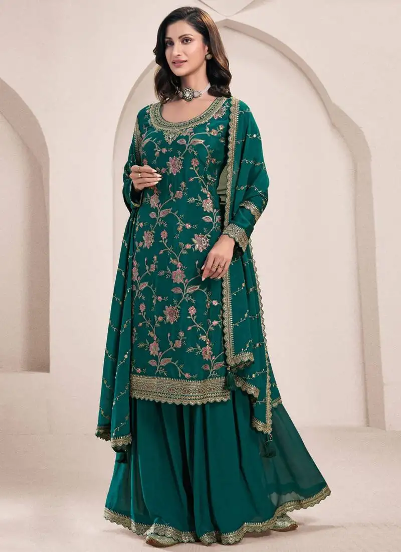Aqua green chinon silk embroidered sharara suit semi stitched