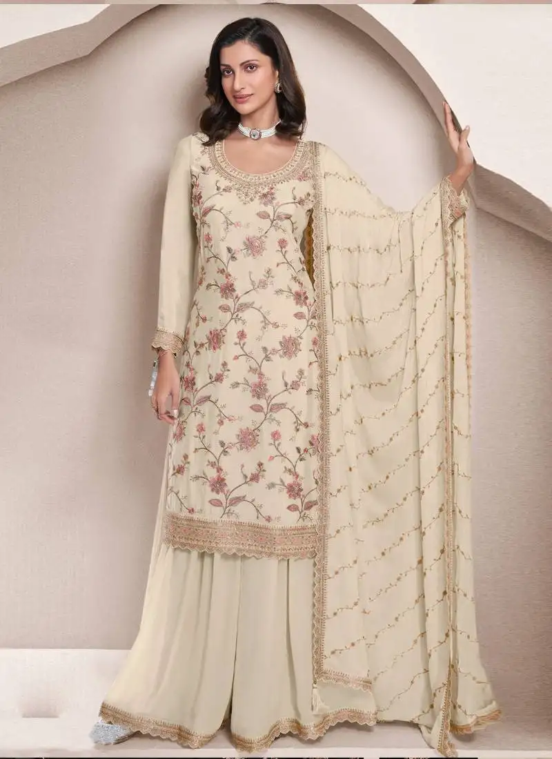 Cream chinon silk embroidered sharara suit semi stitched