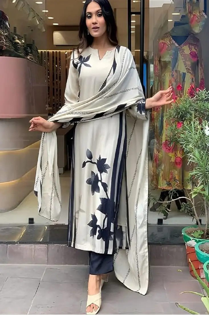 White cotton embroidery thread hand work kurta sets