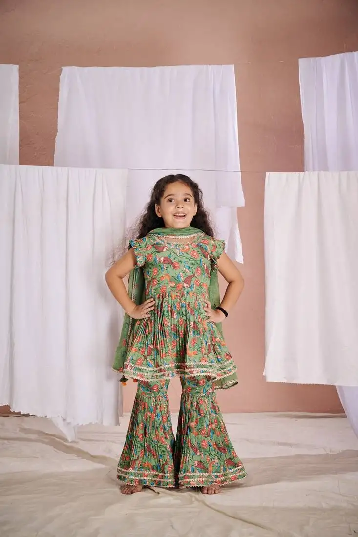 Green floral print fish sharara set
